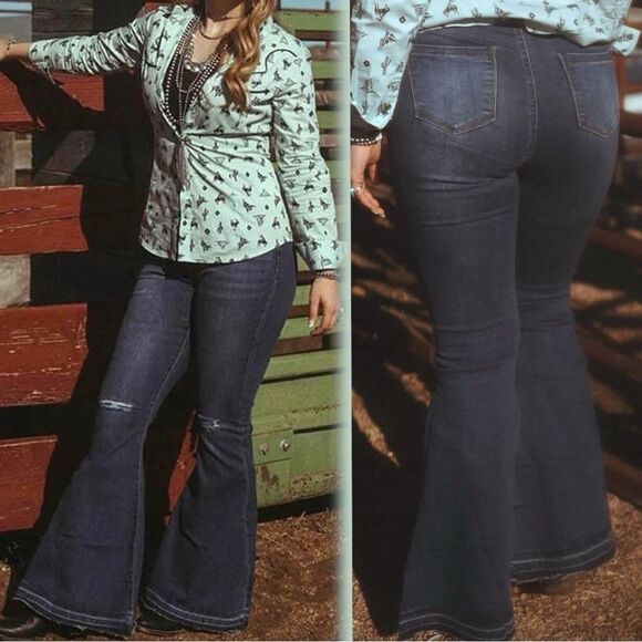 Lucky & Blessed Distressed Button Fly High Waist Mid Wash Flare Jeans NWT - Picture 5 of 15